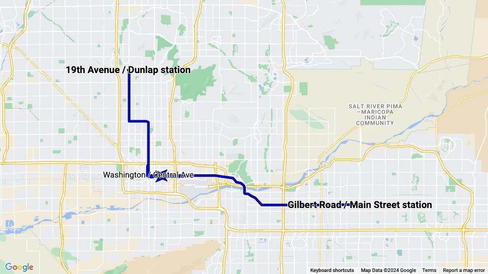 Phoenix Valley Metro Rail: 19th Avenue / Dunlap station - Gilbert Road / Main Street station Linienkarte