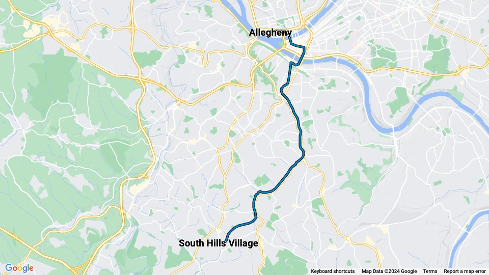 Pittsburgh Straßenbahnlinie Blau: Allegheny - South Hills Village Linienkarte