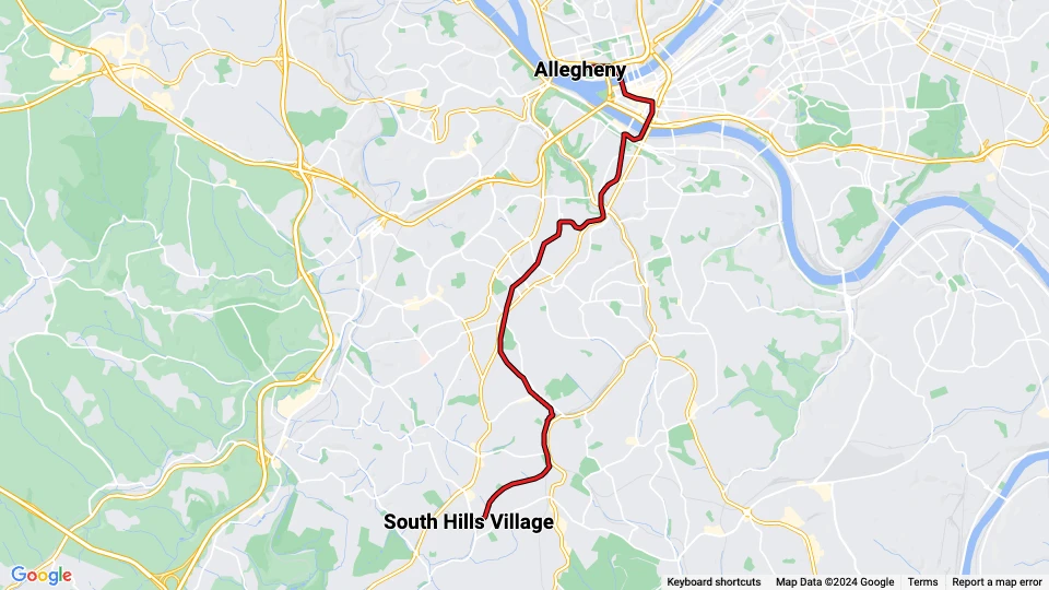 Pittsburgh Straßenbahnlinie Rot: Allegheny - South Hills Village Linienkarte