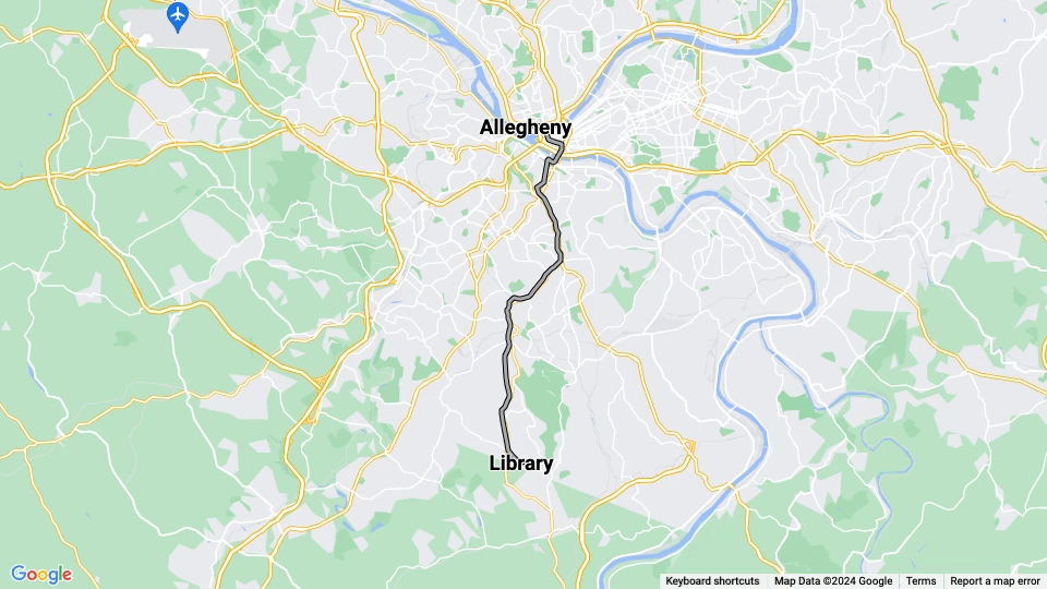 Pittsburgh Straßenbahnlinie Silber: Allegheny - Library Linienkarte