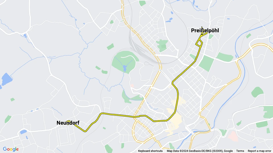 Plauen Straßenbahnlinie 1: Neundorf - Preißelpöhl Linienkarte