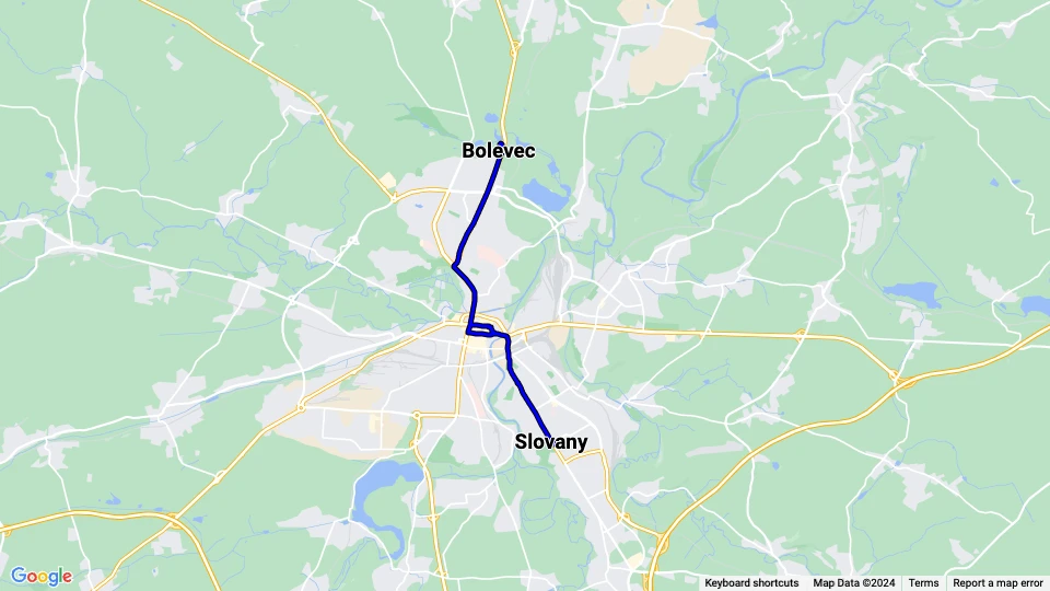 Plzeň Straßenbahnlinie 1: Bolevec - Slovany Linienkarte