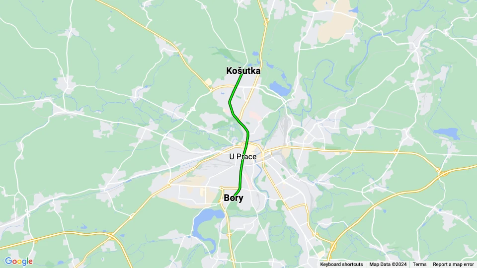 Plzeň Straßenbahnlinie 4: Košutka - Bory Linienkarte