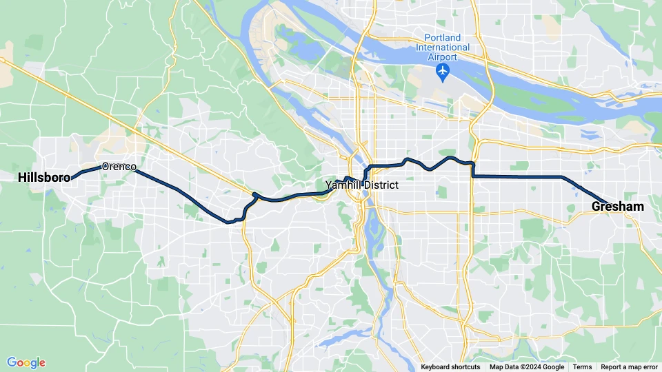 Portland Regionallinie Blau: Gresham - Hillsboro Linienkarte