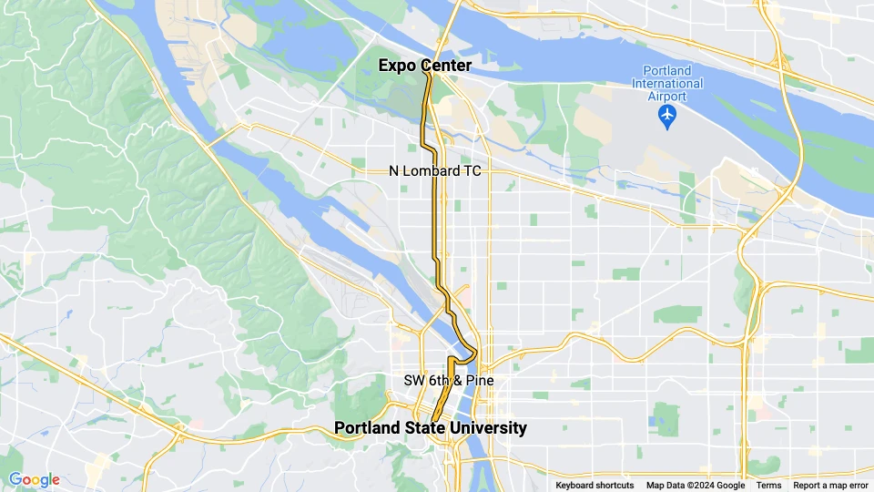 Portland Regionallinie Gelb: Portland State University - Expo Center Linienkarte