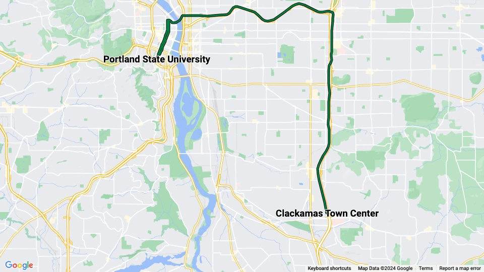 Portland Regionallinie Grün: Clackamas Town Center - Portland State University Linienkarte