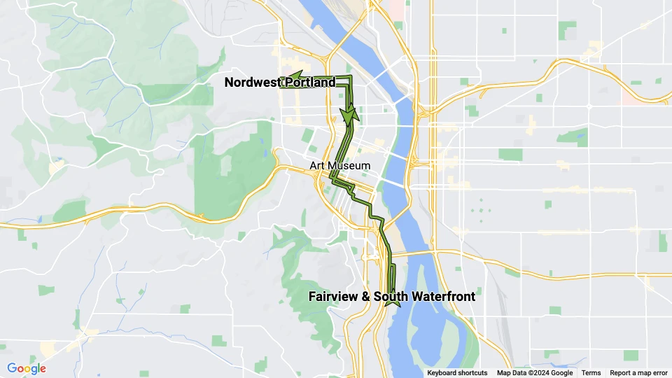 Portland Straßenbahnlinie NS: Nordwest Portland - Fairview & South Waterfront Linienkarte