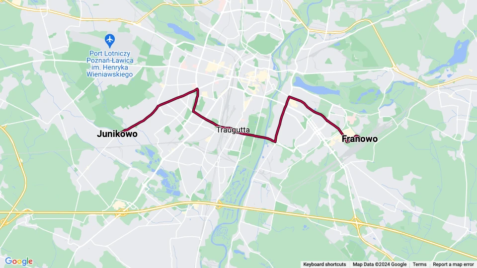 Posen Straßenbahnlinie 1: Franowo - Junikowo Linienkarte
