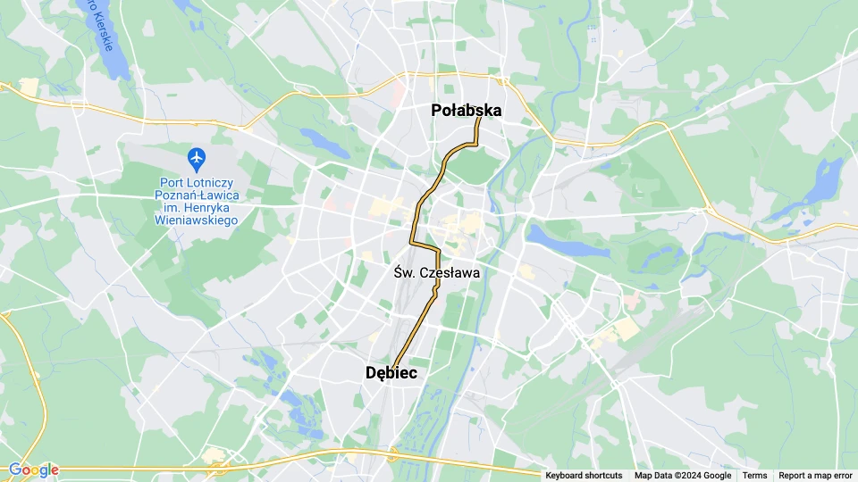 Posen Straßenbahnlinie 10: Dębiec - Połabska Linienkarte