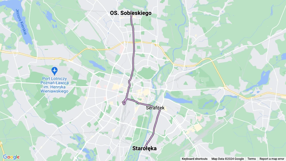 Posen Straßenbahnlinie 12: OS. Sobieskiego - Starołęka Linienkarte