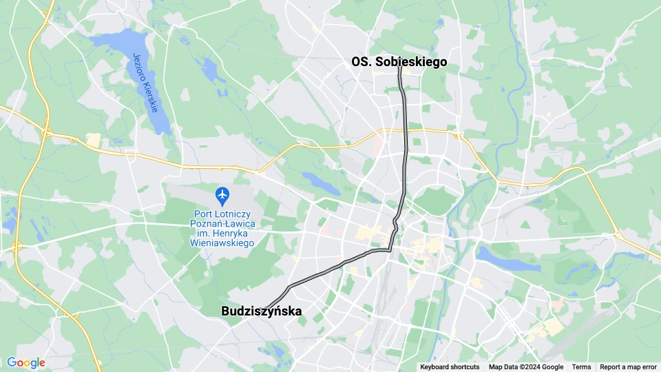 Posen Straßenbahnlinie 15: Budziszyńska - OS. Sobieskiego Linienkarte