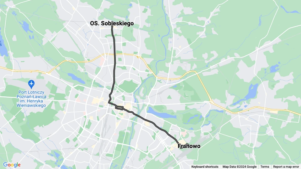 Posen Straßenbahnlinie 16: OS. Sobieskiego - Franowo Linienkarte