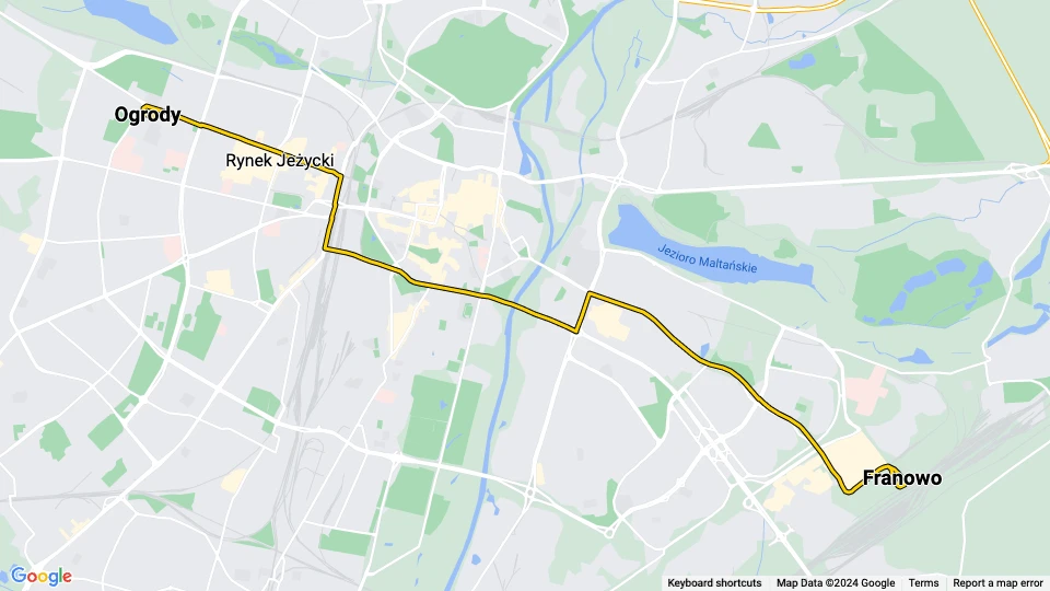 Posen Straßenbahnlinie 18: Ogrody - Franowo Linienkarte