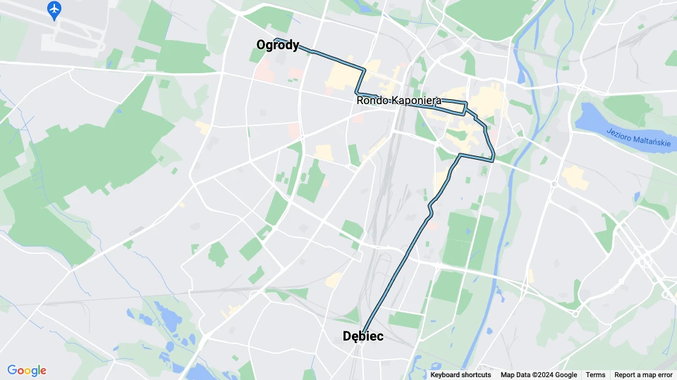 Posen Straßenbahnlinie 2: Dębiec - Ogrody Linienkarte