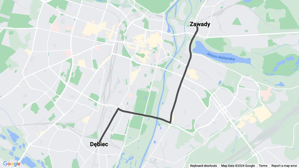 Posen Straßenbahnlinie 27: Dębiec - Zawady Linienkarte