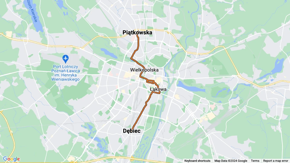 Posen Straßenbahnlinie 9: Dębiec - Piątkowska Linienkarte