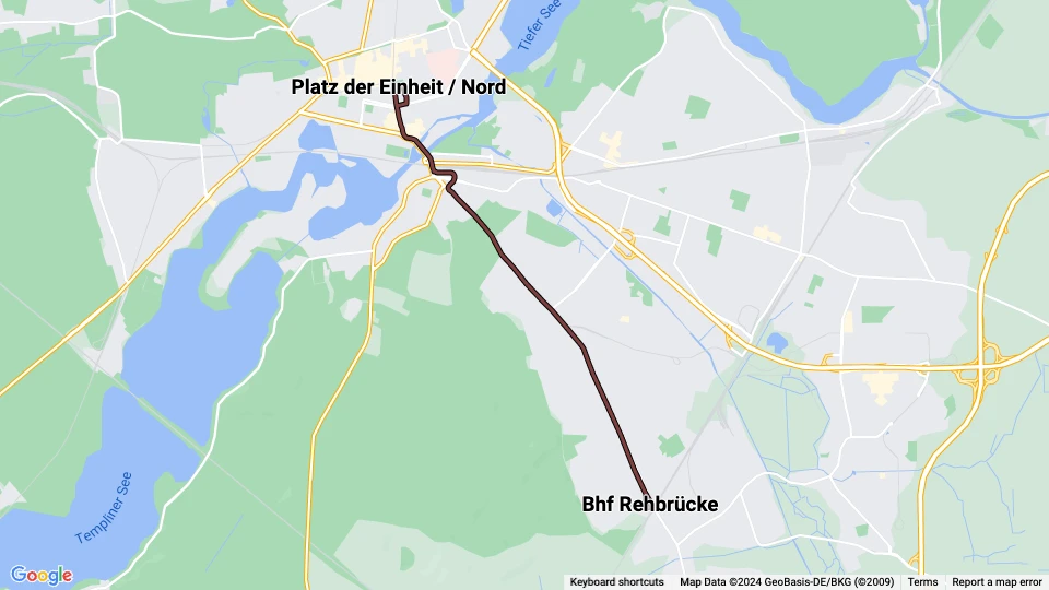 Potsdam Straßenbahnlinie 90: Bhf Rehbrücke - Platz der Einheit / Nord Linienkarte