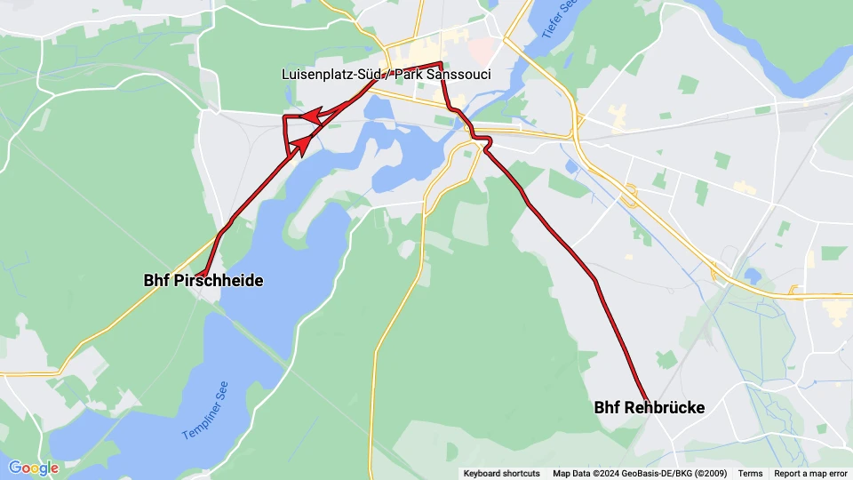 Potsdam Straßenbahnlinie 91: Bhf Rehbrücke - Bhf Pirschheide Linienkarte