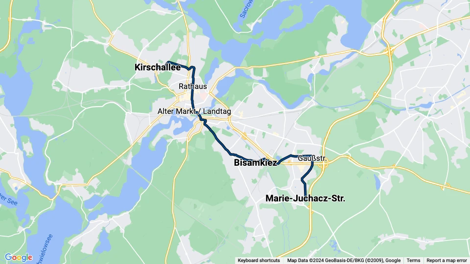 Potsdam Straßenbahnlinie 92: Kirschallee - Marie-Juchacz-Str. Linienkarte