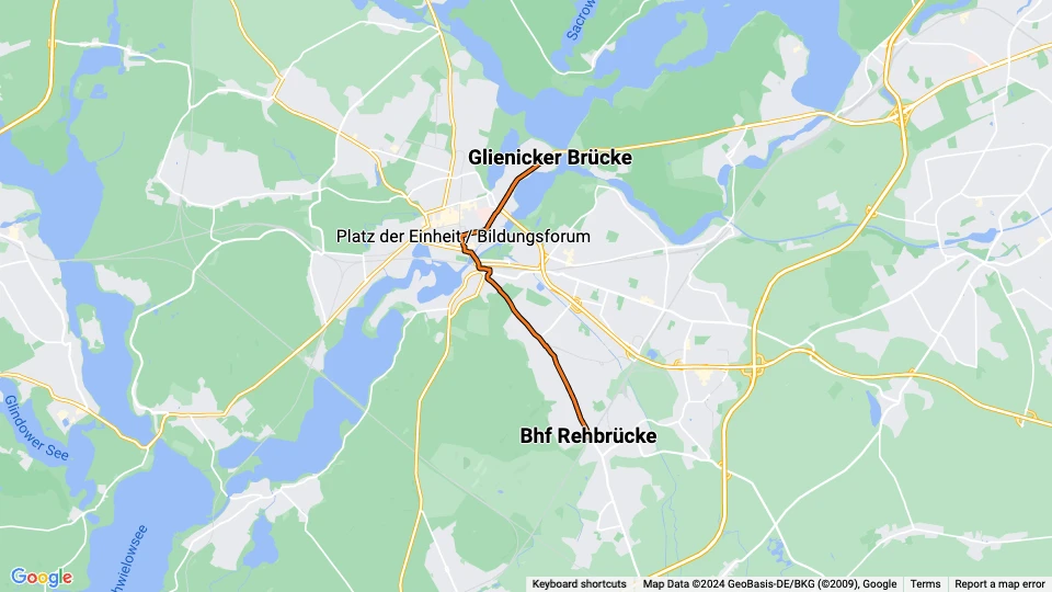 Potsdam Straßenbahnlinie 93: Bhf Rehbrücke - Glienicker Brücke Linienkarte