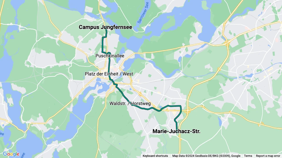 Potsdam Straßenbahnlinie 96: Marie-Juchacz-Str. - Campus Jungfernsee Linienkarte