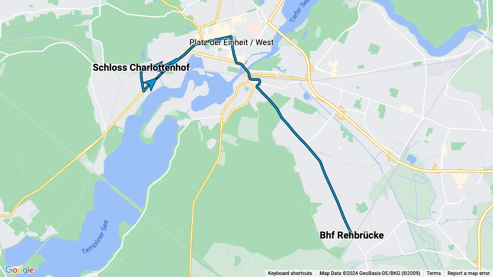 Potsdam Zusätzliche Linie 98: Schloss Charlottenhof - Bhf Rehbrücke Linienkarte