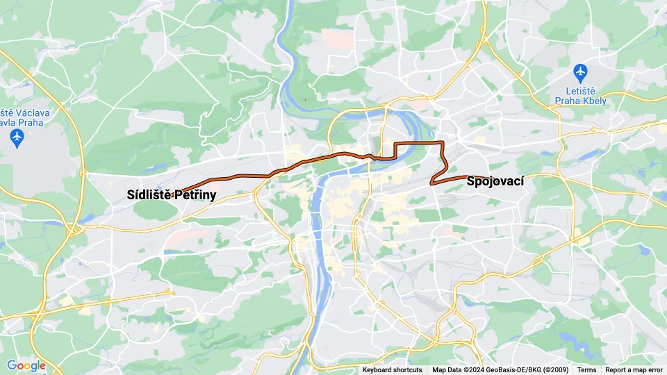 Prag Straßenbahnlinie 1: Sídliště Petřiny - Spojovací Linienkarte