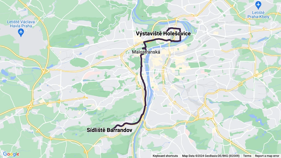 Prag Straßenbahnlinie 12: Výstaviště Holešovice - Sídliště Barrandov Linienkarte