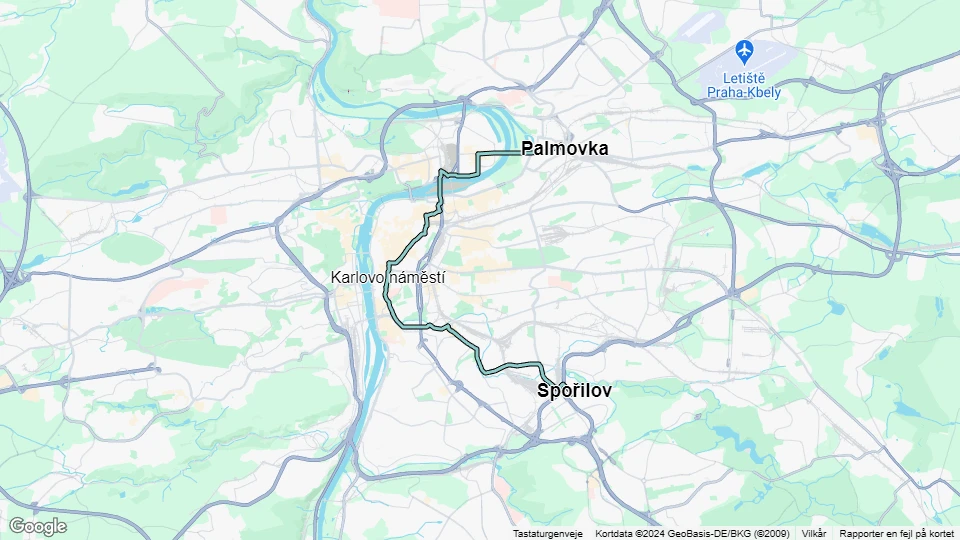 Prag Straßenbahnlinie 14: Spořilov - Palmovka Linienkarte
