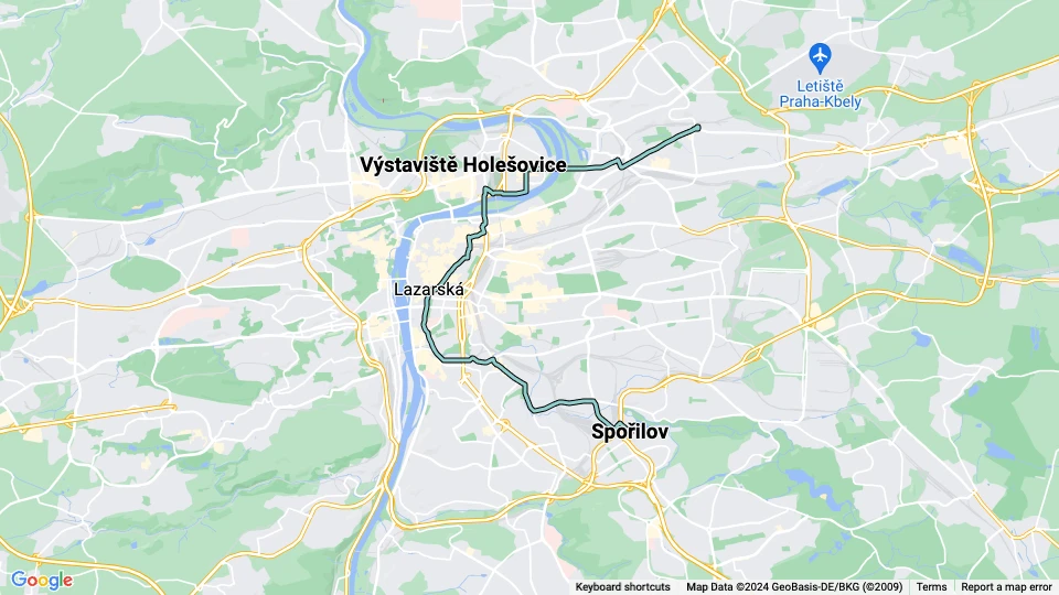 Prag Straßenbahnlinie 14: Spořilov - Výstaviště Holešovice Linienkarte