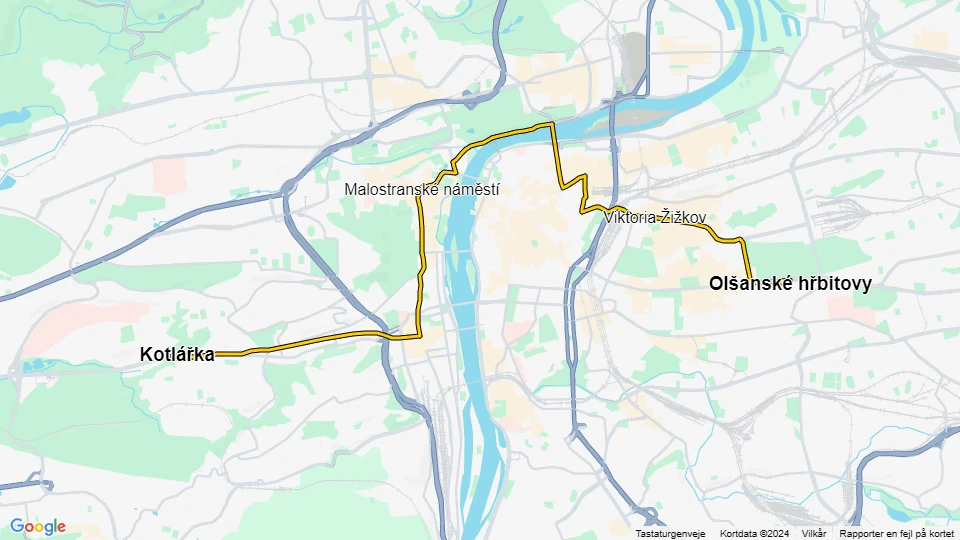 Prag Straßenbahnlinie 15: Kotlářka - Olšanské hřbitovy Linienkarte
