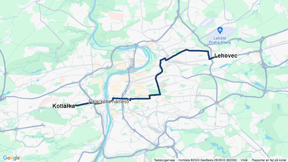 Prag Straßenbahnlinie 16: Lehovec - Kotlářka Linienkarte