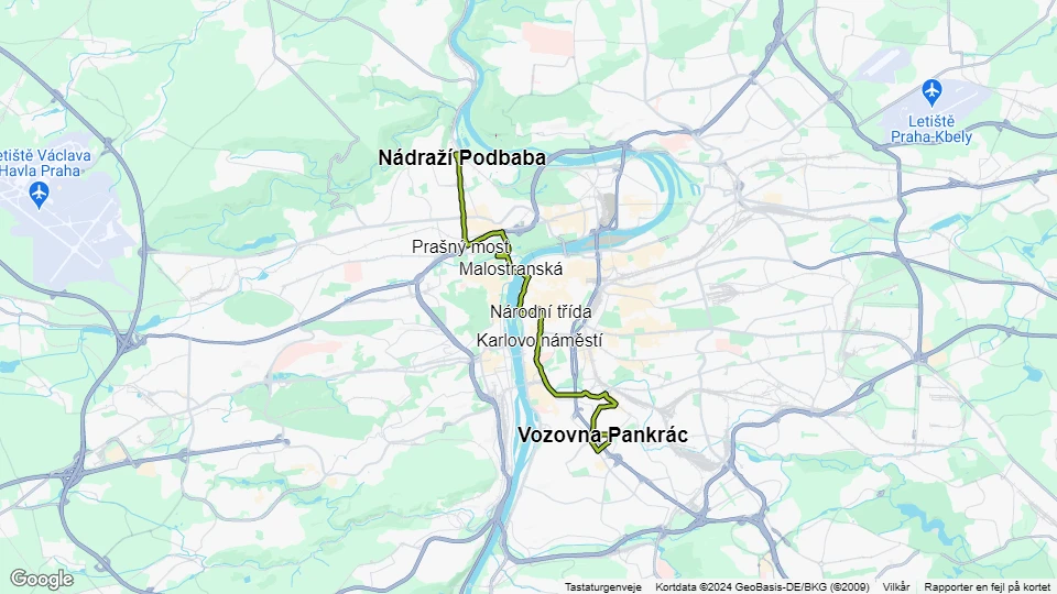 Prag Straßenbahnlinie 18: Nádraží Podbaba - Vozovna Pankrác Linienkarte