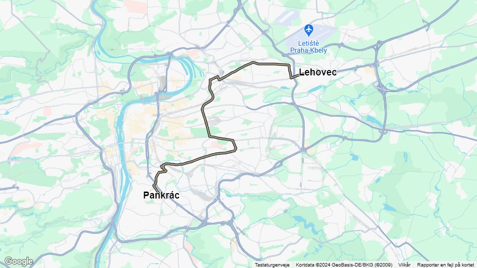 Prag Straßenbahnlinie 19: Lehovec - Pankrác Linienkarte