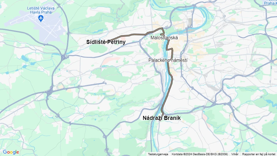 Prag Straßenbahnlinie 2: Sídliště Petřiny - Nádraží Braník Linienkarte