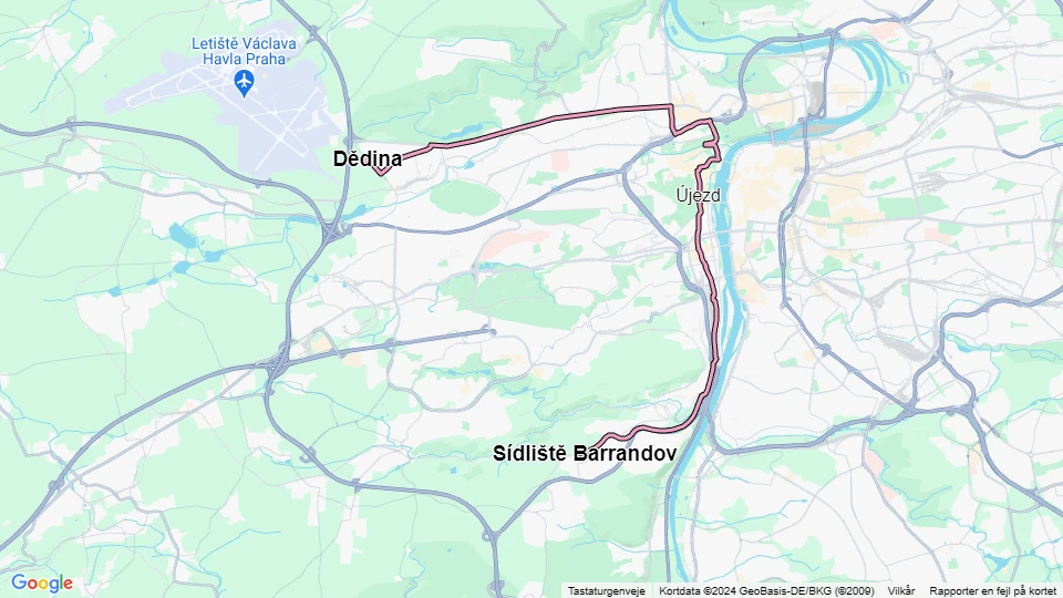 Prag Straßenbahnlinie 20: Sídliště Barrandov - Dědina Linienkarte