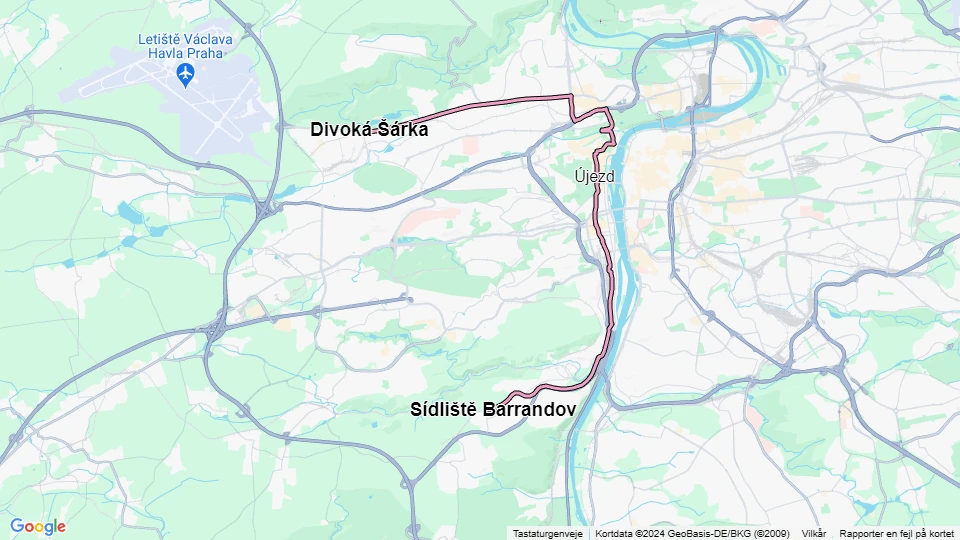 Prag Straßenbahnlinie 20: Sídliště Barrandov - Divoká Šárka Linienkarte