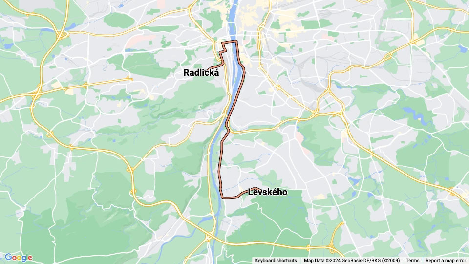 Prag Straßenbahnlinie 21: Levského - Radlická Linienkarte