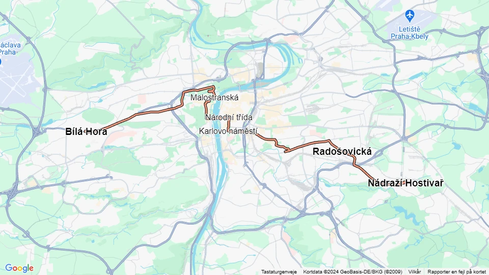 Prag Straßenbahnlinie 22: Bílá Hora - Nádraží Hostivař Linienkarte