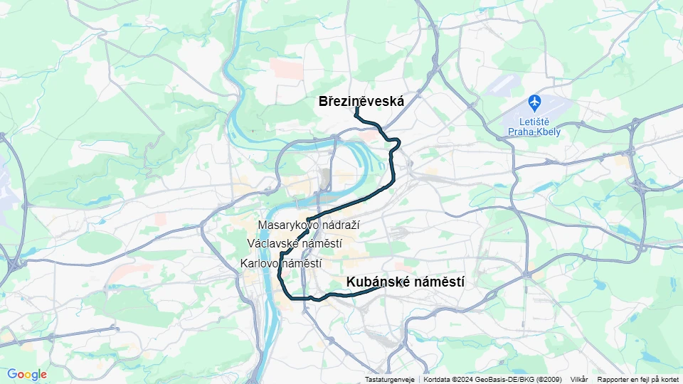 Prag Straßenbahnlinie 24: Kubánské náměstí - Březiněveská Linienkarte