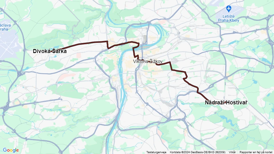 Prag Straßenbahnlinie 26: Divoká Šárka - Nádraží Hostivař Linienkarte