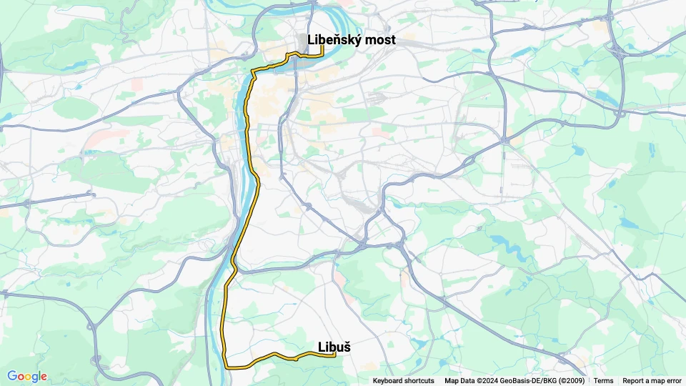 Prag Straßenbahnlinie 27: Libus - Libeňský most Linienkarte