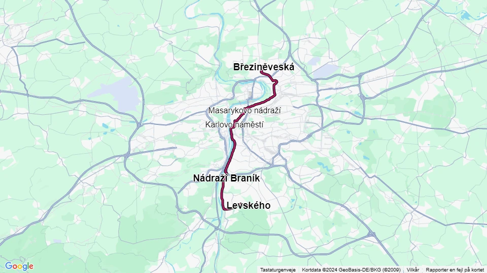 Prag Straßenbahnlinie 3: Březiněveská - Levského Linienkarte