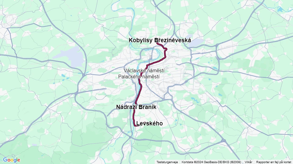 Prag Straßenbahnlinie 3: Kobylisy Březiněveská - Levského Linienkarte