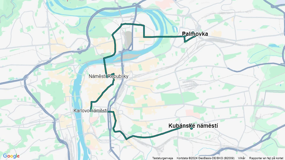 Prag Straßenbahnlinie 6: Palmovka - Kubánské náměstí Linienkarte