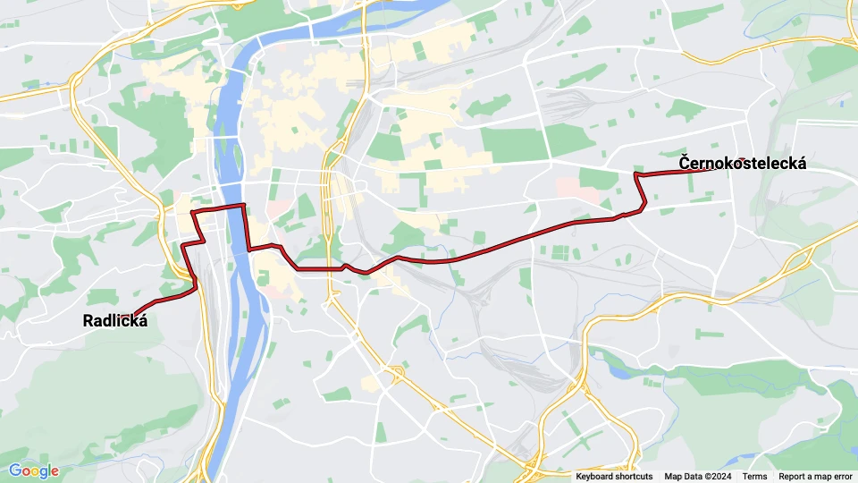 Prag Straßenbahnlinie 7: Černokostelecká - Radlická Linienkarte