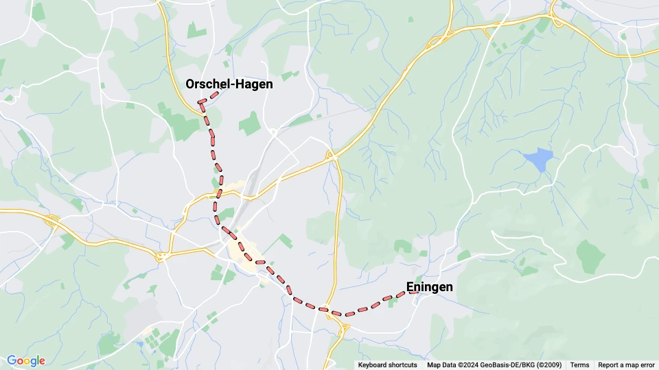 Reutlingen Straßenbahnlinie 1: Eningen - Orschel-Hagen Linienkarte