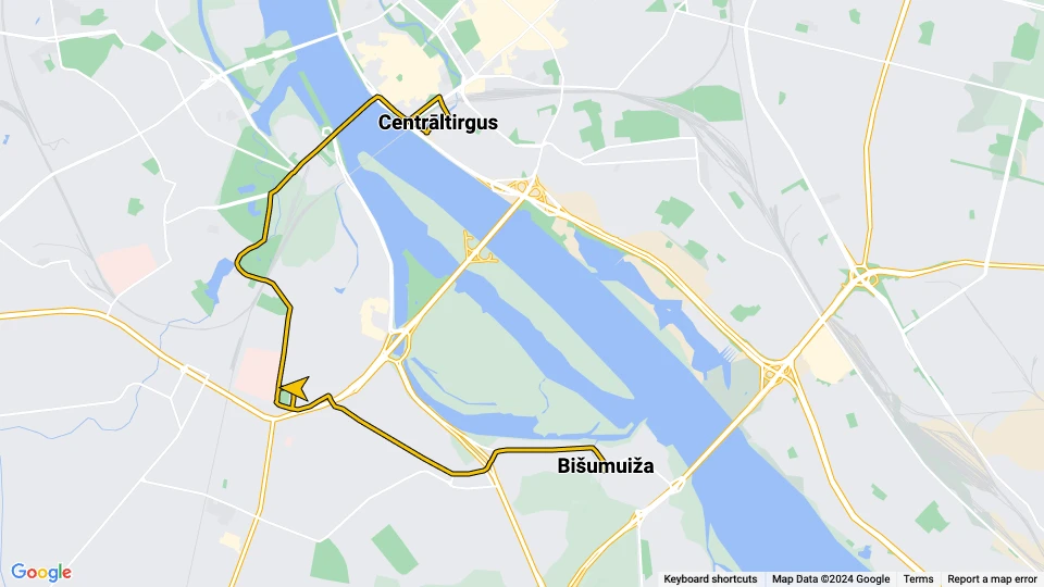 Riga Straßenbahnlinie 10: Centrāltirgus - Bišumuiža Linienkarte