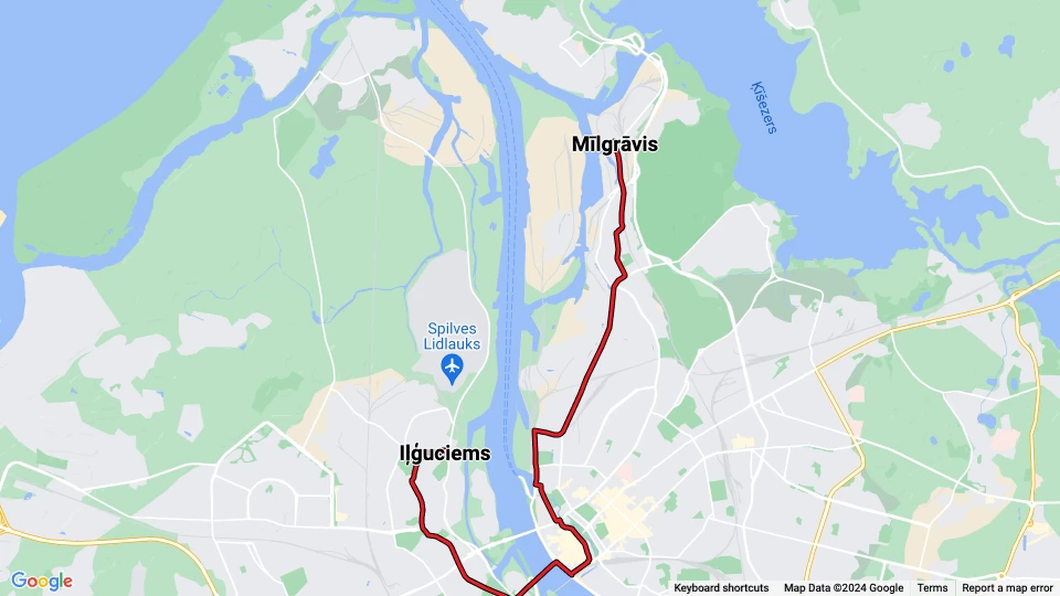 Riga Straßenbahnlinie 5: Iļģuciems - Mīlgrāvis Linienkarte