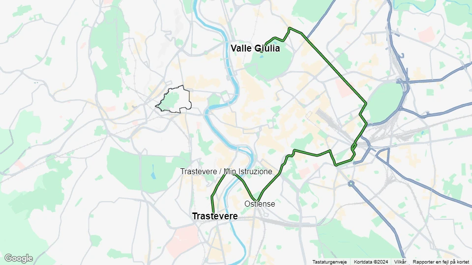 Rom Straßenbahnlinie 3: Valle Giulia - Trastevere Linienkarte